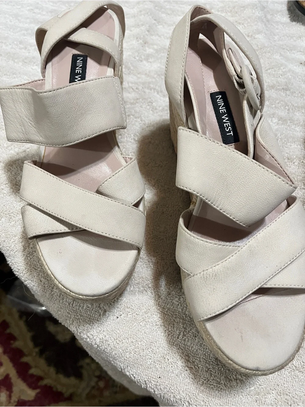 Nine West Women's Cream Strappy Wedge Sandals 6.5M